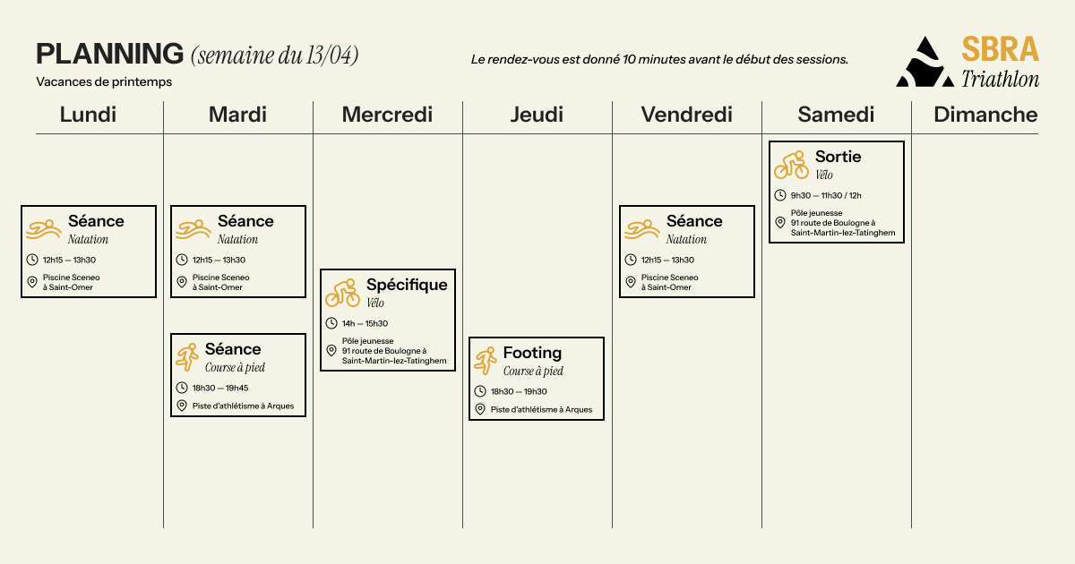 Planning d'entraînement pour la semaine du 13 avril 2026