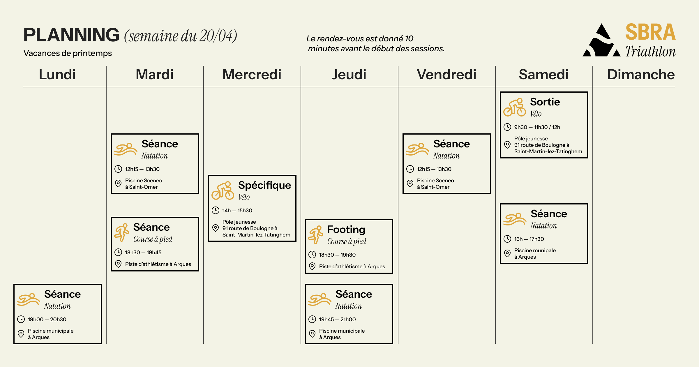 Planning d'entraînement pour la semaine du 20 avril 2026