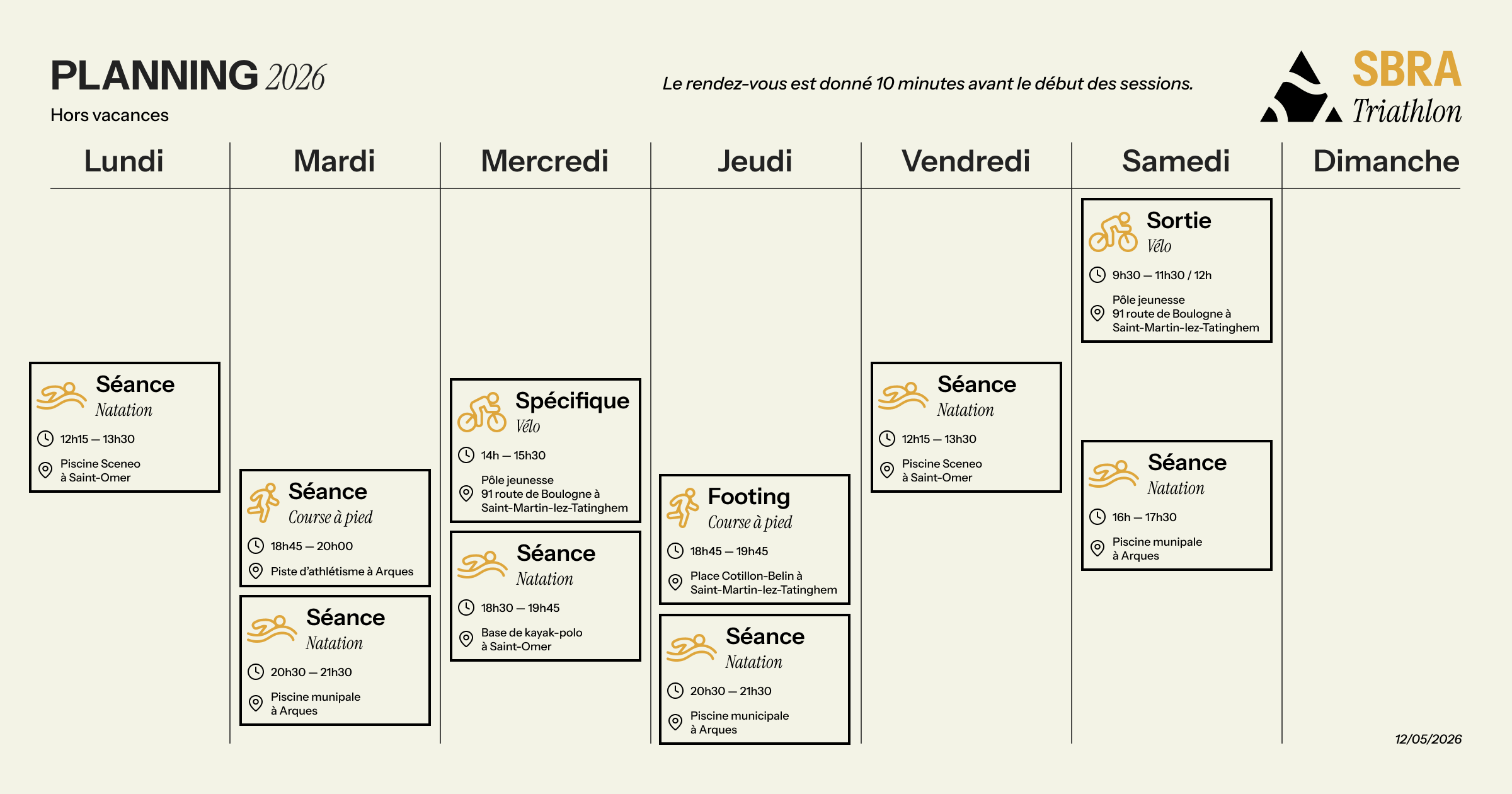 Planning d'entraînement pour la semaine du 20 avril 2026